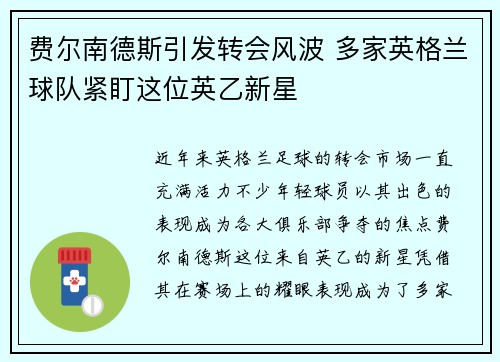 费尔南德斯引发转会风波 多家英格兰球队紧盯这位英乙新星