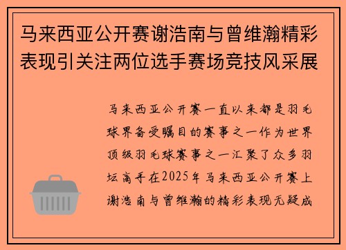 马来西亚公开赛谢浩南与曾维瀚精彩表现引关注两位选手赛场竞技风采展现