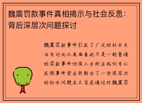 魏震罚款事件真相揭示与社会反思：背后深层次问题探讨